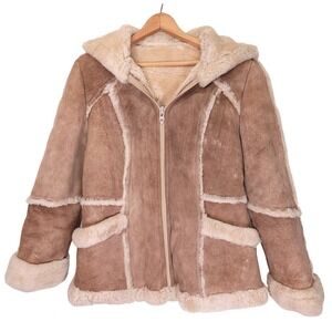 Wilsons Suede & Leather Vintage Shearling Hooded Jacket Tan Wool Lined Womens 14